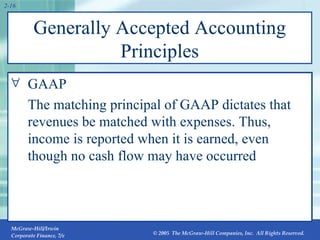 Generally Accepted Accounting Principles GAAP The matching principal of GAAP dictates that revenues be matched with expenses. Thus, income is reported when it is earned, even though no cash flow may have occurred 2- 