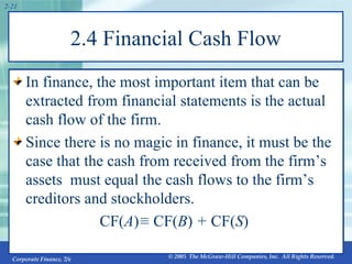 2.4 Financial Cash Flow In finance, the most important item that can be extracted from financial statements is the actual cash flow of the firm. Since there is no magic in finance, it must be the case that the cash from received from the firm’s assets  must equal the cash flows to the firm’s creditors and stockholders. CF( A ) ≡   CF( B )  +  CF( S )   2- 