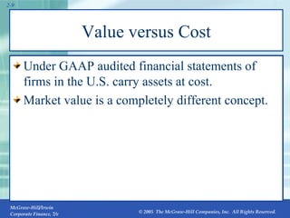 Value versus Cost Under GAAP audited financial statements of firms in the U.S. carry assets at cost. Market value is a completely different concept. 2- 