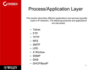 Process/Application Layer This section describes different applications and services typically used in IP networks. The following protocols and applications are discussed: Telnet FTP TFTP NFS SMTP LPD X Window SNMP DNS DHCP/BootP 