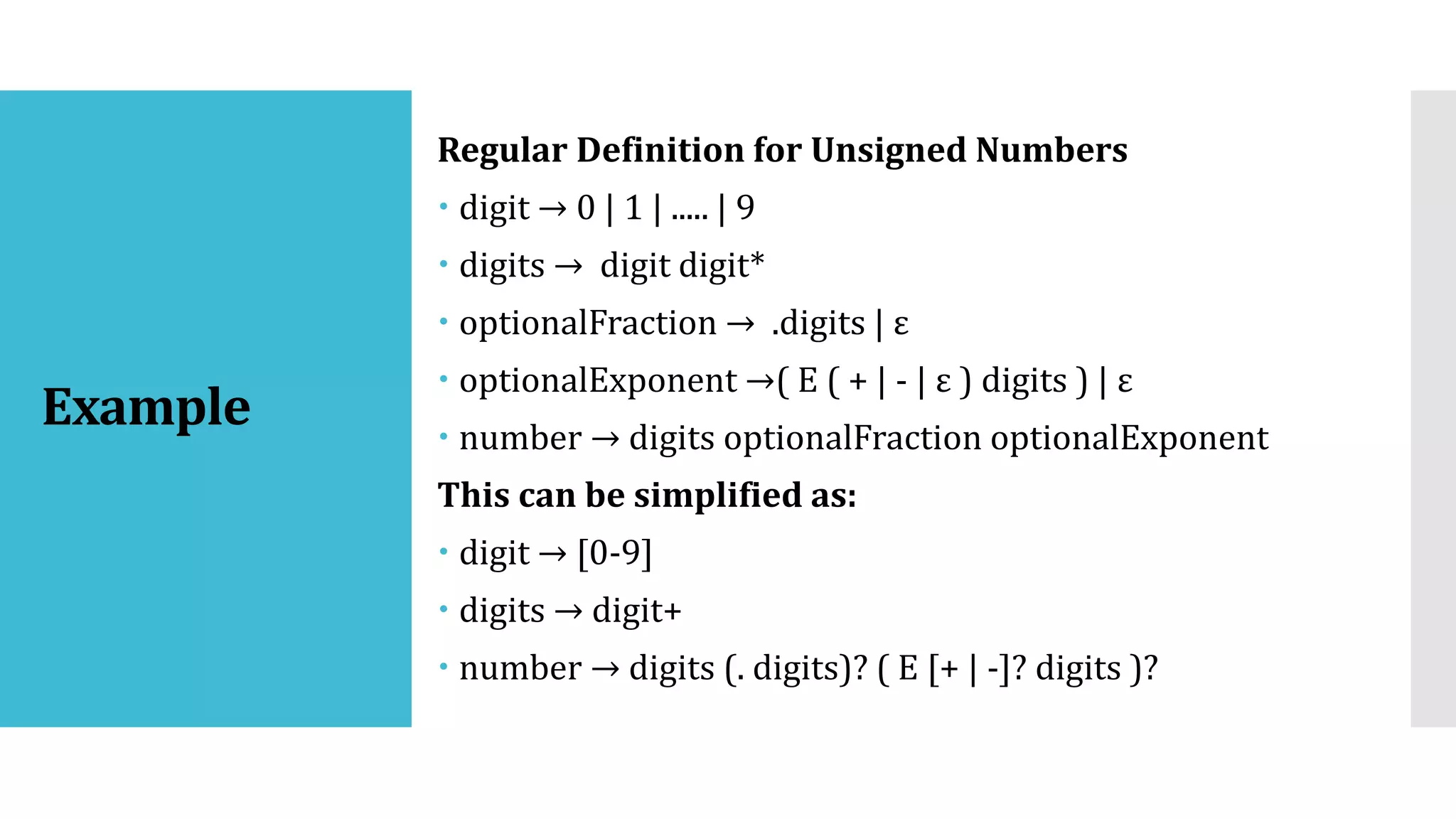 Example
Regular Definition for Unsigned Numbers
 digit → 0 | 1 | ..... | 9
 digits → digit digit*
 optionalFraction → .digits | ε
 optionalExponent →( E ( + | - | ε ) digits ) | ε
 number → digits optionalFraction optionalExponent
This can be simplified as:
 digit → [0-9]
 digits → digit+
 number → digits (. digits)? ( E [+ | -]? digits )?
 