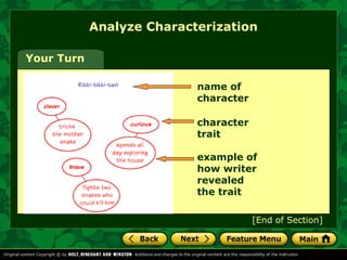 Your Turn 
Analyze Characterization 
character 
trait 
example of 
how writer 
revealed 
the trait 
[End of Section] 
name of 
character 
 