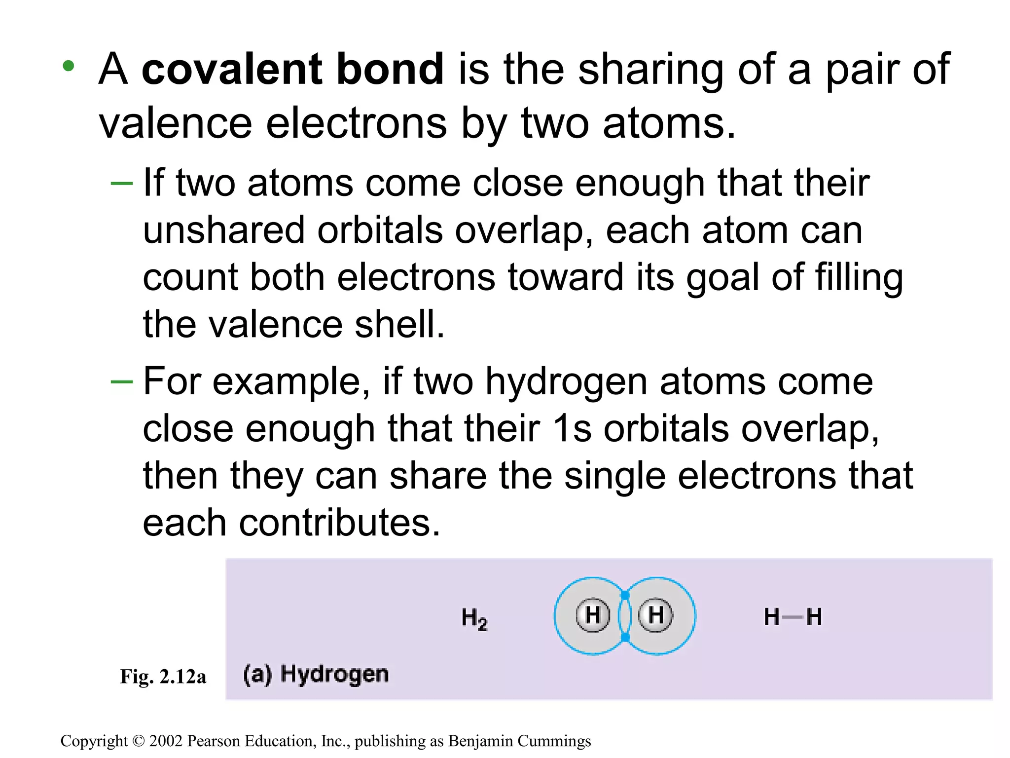 • A covalent bond is the sharing of a pair of
valence electrons by two atoms.
– If two atoms come close enough that their
unshared orbitals overlap, each atom can
count both electrons toward its goal of filling
the valence shell.
– For example, if two hydrogen atoms come
close enough that their 1s orbitals overlap,
then they can share the single electrons that
each contributes.
Copyright © 2002 Pearson Education, Inc., publishing as Benjamin Cummings
Fig. 2.12a
 