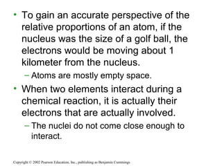 • To gain an accurate perspective of the
relative proportions of an atom, if the
nucleus was the size of a golf ball, the
electrons would be moving about 1
kilometer from the nucleus.
– Atoms are mostly empty space.
• When two elements interact during a
chemical reaction, it is actually their
electrons that are actually involved.
– The nuclei do not come close enough to
interact.
Copyright © 2002 Pearson Education, Inc., publishing as Benjamin Cummings
 