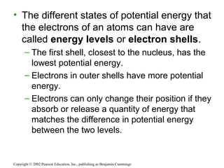 • The different states of potential energy that
the electrons of an atoms can have are
called energy levels or electron shells.
– The first shell, closest to the nucleus, has the
lowest potential energy.
– Electrons in outer shells have more potential
energy.
– Electrons can only change their position if they
absorb or release a quantity of energy that
matches the difference in potential energy
between the two levels.
Copyright © 2002 Pearson Education, Inc., publishing as Benjamin Cummings
 