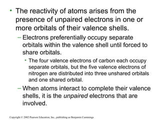 • The reactivity of atoms arises from the
presence of unpaired electrons in one or
more orbitals of their valence shells.
– Electrons preferentially occupy separate
orbitals within the valence shell until forced to
share orbitals.
• The four valence electrons of carbon each occupy
separate orbitals, but the five valence electrons of
nitrogen are distributed into three unshared orbitals
and one shared orbital.
– When atoms interact to complete their valence
shells, it is the unpaired electrons that are
involved.
Copyright © 2002 Pearson Education, Inc., publishing as Benjamin Cummings
 