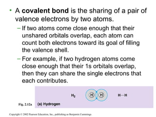 • A covalent bond is the sharing of a pair of
valence electrons by two atoms.
– If two atoms come close enough that their
unshared orbitals overlap, each atom can
count both electrons toward its goal of filling
the valence shell.
– For example, if two hydrogen atoms come
close enough that their 1s orbitals overlap,
then they can share the single electrons that
each contributes.
Copyright © 2002 Pearson Education, Inc., publishing as Benjamin Cummings
Fig. 2.12a
 