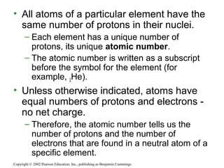 • All atoms of a particular element have the
same number of protons in their nuclei.
– Each element has a unique number of
protons, its unique atomic number.
– The atomic number is written as a subscript
before the symbol for the element (for
example, 2He).
• Unless otherwise indicated, atoms have
equal numbers of protons and electrons -
no net charge.
– Therefore, the atomic number tells us the
number of protons and the number of
electrons that are found in a neutral atom of a
specific element.
Copyright © 2002 Pearson Education, Inc., publishing as Benjamin Cummings
 