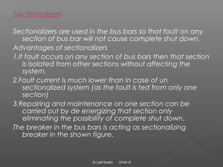 Sectionalizers are used in the bus bars so that fault on any
section of bus bar will not cause complete shut down.
Advanta...