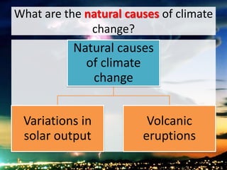 What are the natural causes of climate
change?
Natural causes
of climate
change
Variations in
solar output
Volcanic
eruptions
 