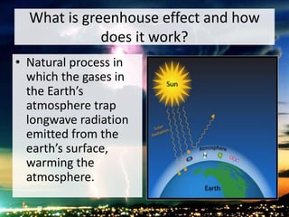 What is greenhouse effect and how
does it work?
• Natural process in
which the gases in
the Earth’s
atmosphere trap
longwave radiation
emitted from the
earth’s surface,
warming the
atmosphere.
 