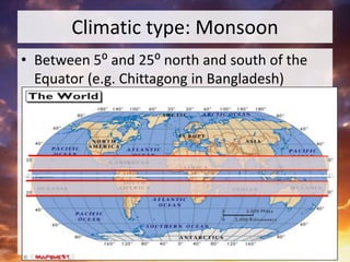 Climatic type: Monsoon
• Between 5⁰ and 25⁰ north and south of the
Equator (e.g. Chittagong in Bangladesh)
 