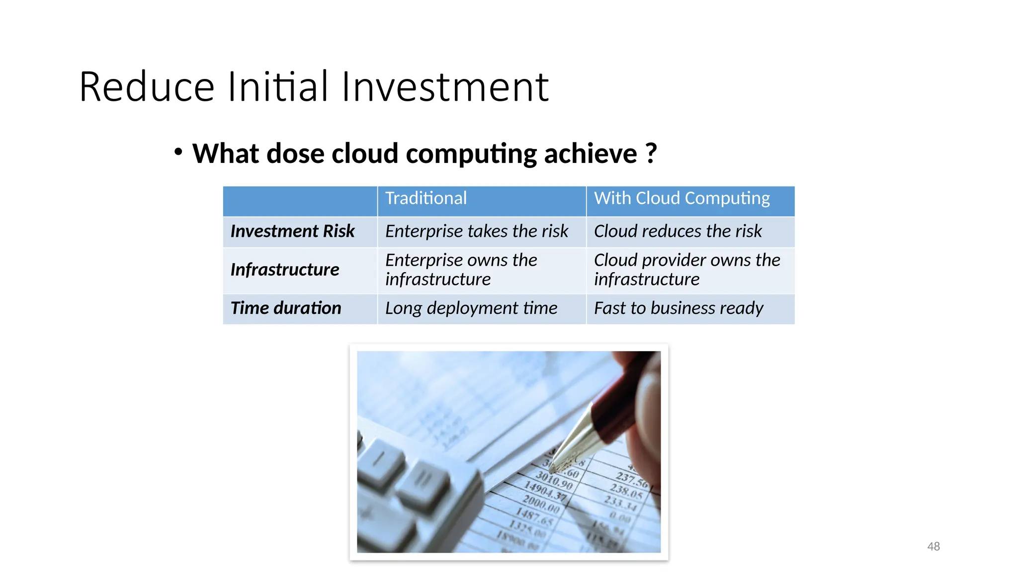 48
Reduce Initial Investment
• What dose cloud computing achieve ?
Traditional With Cloud Computing
Investment Risk Enterprise takes the risk Cloud reduces the risk
Infrastructure
Enterprise owns the
infrastructure
Cloud provider owns the
infrastructure
Time duration Long deployment time Fast to business ready
 