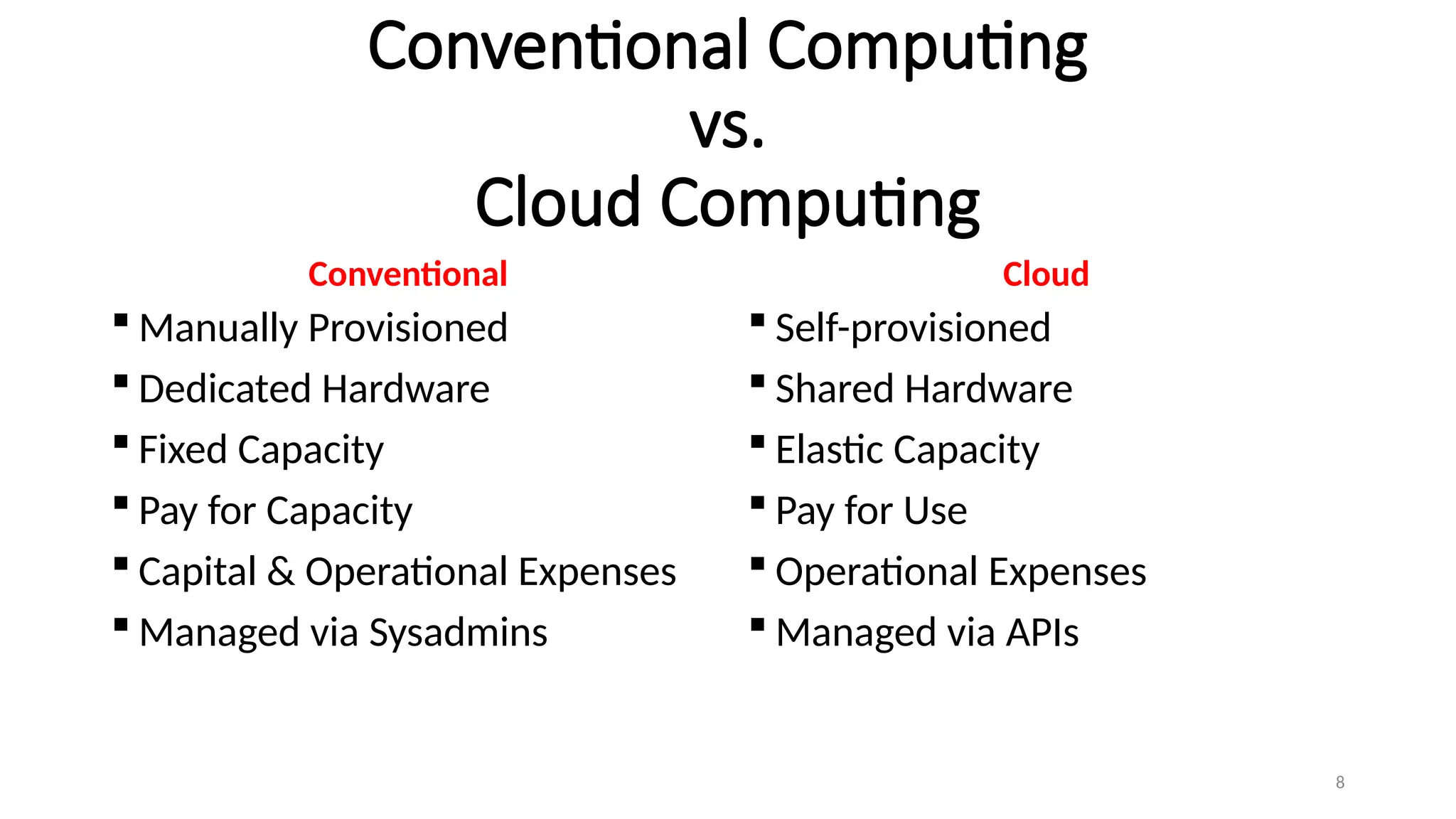 8
Conventional Computing
vs.
Cloud Computing
Conventional
 Manually Provisioned
 Dedicated Hardware
 Fixed Capacity
 Pay for Capacity
 Capital & Operational Expenses
 Managed via Sysadmins
Cloud
 Self-provisioned
 Shared Hardware
 Elastic Capacity
 Pay for Use
 Operational Expenses
 Managed via APIs
 
