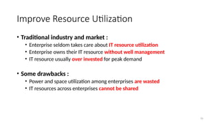 55
Improve Resource Utilization
• Traditional industry and market :
• Enterprise seldom takes care about IT resource utilization
• Enterprise owns their IT resource without well management
• IT resource usually over invested for peak demand
• Some drawbacks :
• Power and space utilization among enterprises are wasted
• IT resources across enterprises cannot be shared
 