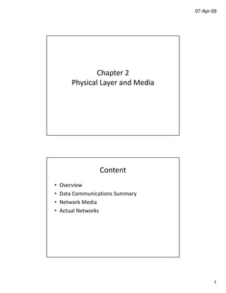 07-Apr-09
1
Chapter 2
Physical Layer and Media
Content
• Overview
• Data Communications Summary
• Network Media
• Actual Networks
 