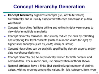 70
Concept Hierarchy Generation
 Concept hierarchy organizes concepts (i.e., attribute values)
hierarchically and is usually associated with each dimension in a data
warehouse
 Concept hierarchies facilitate drilling and rolling in data warehouses to
view data in multiple granularity
 Concept hierarchy formation: Recursively reduce the data by collecting
and replacing low level concepts (such as numeric values for age) by
higher level concepts (such as youth, adult, or senior)
 Concept hierarchies can be explicitly specified by domain experts and/or
data warehouse designers
 Concept hierarchy can be automatically formed for both numeric and
nominal data. For numeric data, use discretization methods shown.
 Nominal attributes have a finite (but possible large) number of distinct
values, with no ordering among the values. Ex: job_category, item_type
 