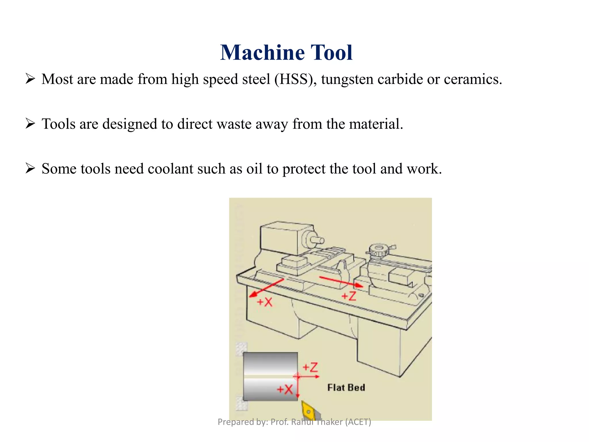 Machine Tool
 Most are made from high speed steel (HSS), tungsten carbide or ceramics.
 Tools are designed to direct waste away from the material.
 Some tools need coolant such as oil to protect the tool and work.
Prepared by: Prof. Rahul Thaker (ACET)
 