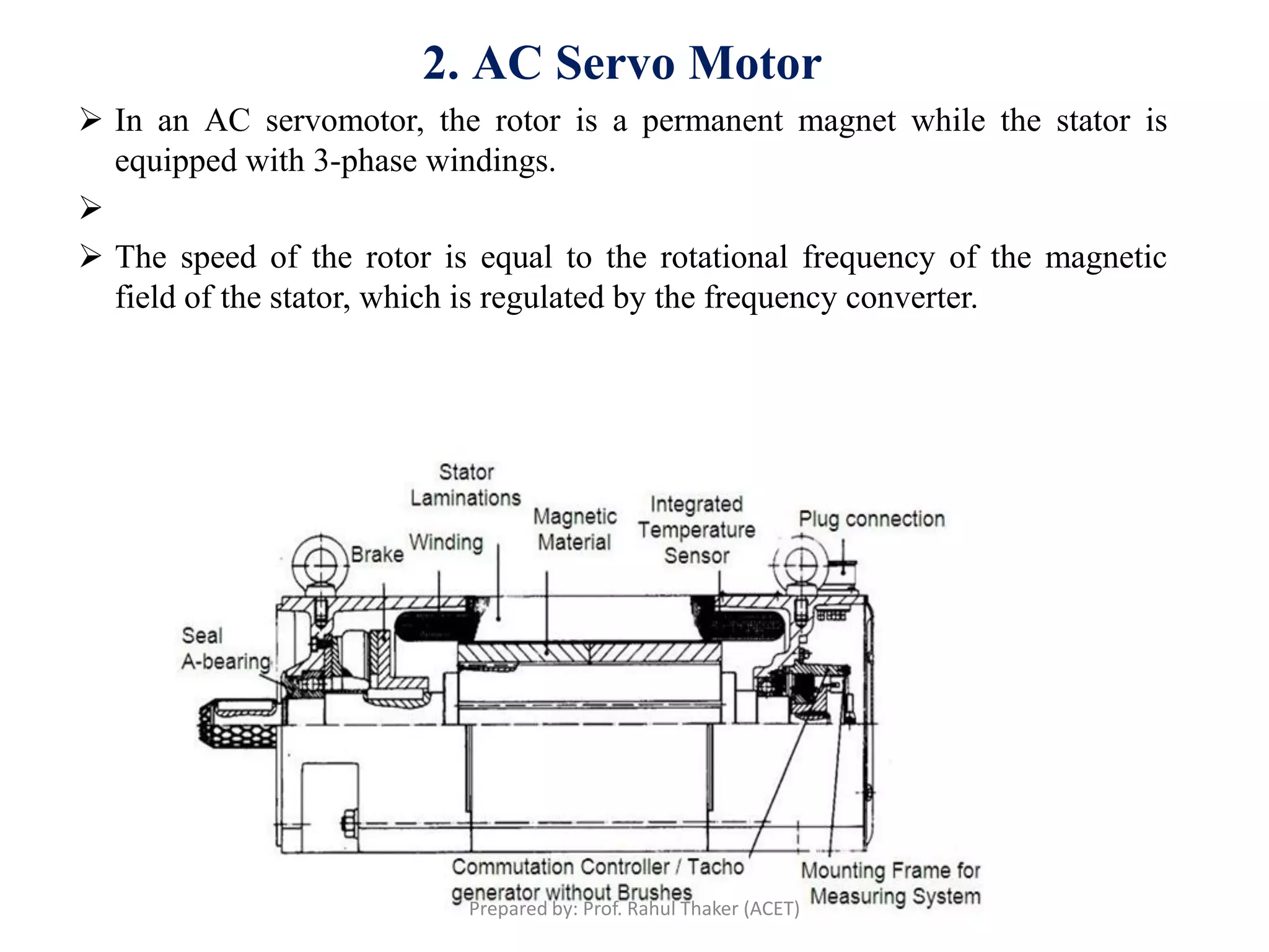 2. AC Servo Motor
 In an AC servomotor, the rotor is a permanent magnet while the stator is
equipped with 3-phase windings.

 The speed of the rotor is equal to the rotational frequency of the magnetic
field of the stator, which is regulated by the frequency converter.
Prepared by: Prof. Rahul Thaker (ACET)
 