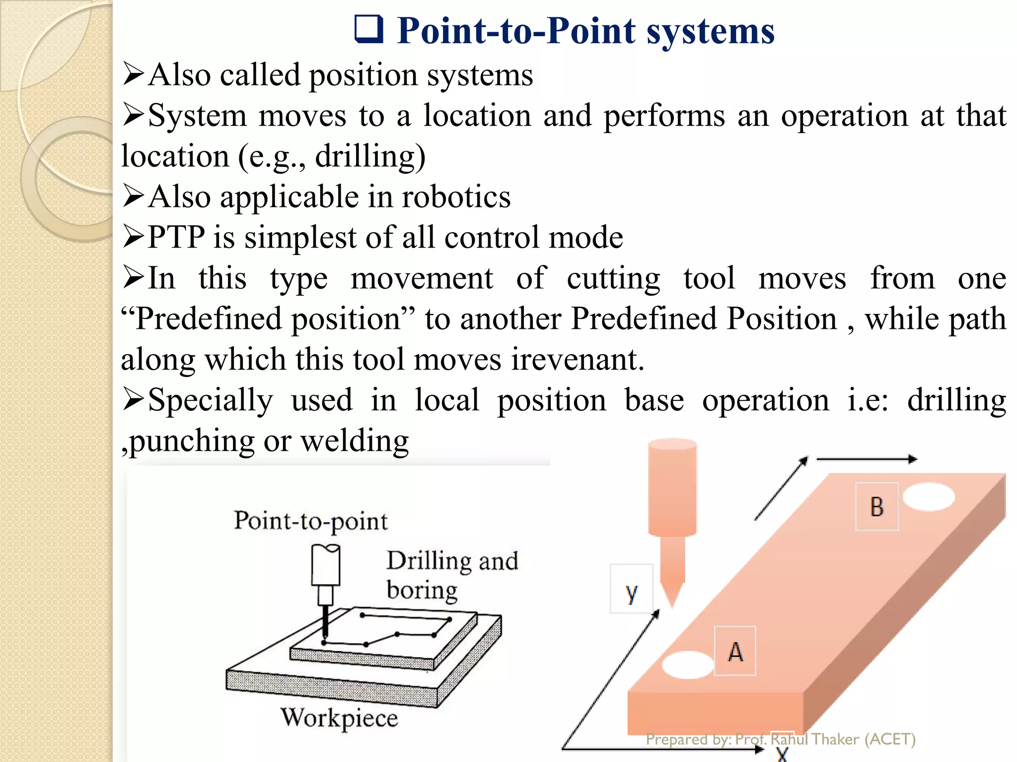  Point-to-Point systems
Also called position systems
System moves to a location and performs an operation at that
location (e.g., drilling)
Also applicable in robotics
PTP is simplest of all control mode
In this type movement of cutting tool moves from one
“Predefined position” to another Predefined Position , while path
along which this tool moves irevenant.
Specially used in local position base operation i.e: drilling
,punching or welding
Prepared by: Prof. Rahul Thaker (ACET)
 