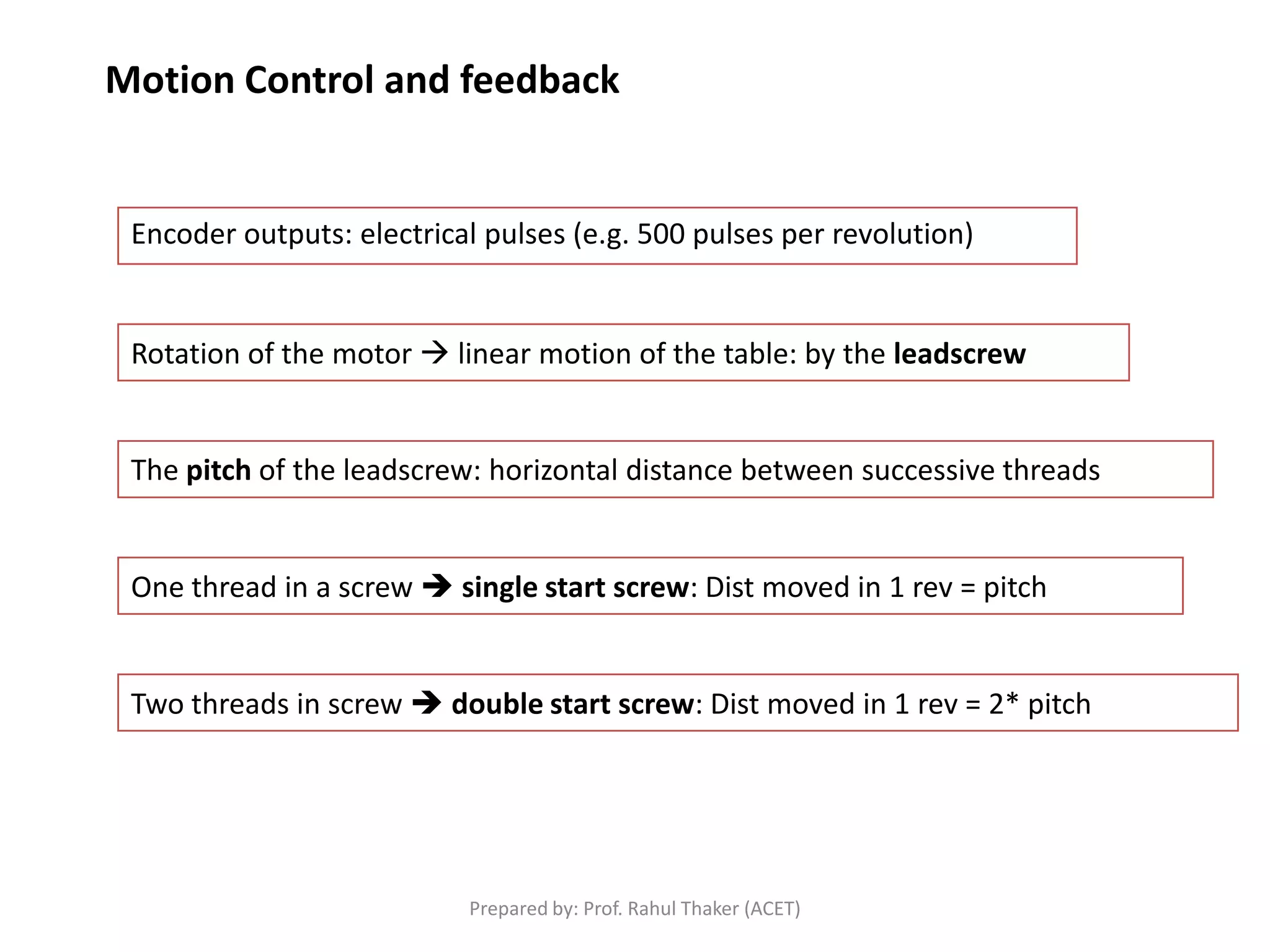 Motion Control and feedback
Encoder outputs: electrical pulses (e.g. 500 pulses per revolution)
Rotation of the motor  linear motion of the table: by the leadscrew
The pitch of the leadscrew: horizontal distance between successive threads
One thread in a screw  single start screw: Dist moved in 1 rev = pitch
Two threads in screw  double start screw: Dist moved in 1 rev = 2* pitch
Prepared by: Prof. Rahul Thaker (ACET)
 