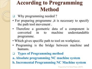 According to Programming
Method
 Why programming needed ?
• For preparing programme ,it is necessary to specify
the path tool movement .
• Therefore a geometric data of a component is
converted in to machine understandable
programme.
• Which gives specific path to tool on workpiece.
• Programing is the bridge between machine and
humans.
 Types of Programming method
a. Absolute programming NC machine system
b. Incremental Programming NC Machine system
Prepared by: Prof. Rahul Thaker (ACET)
 