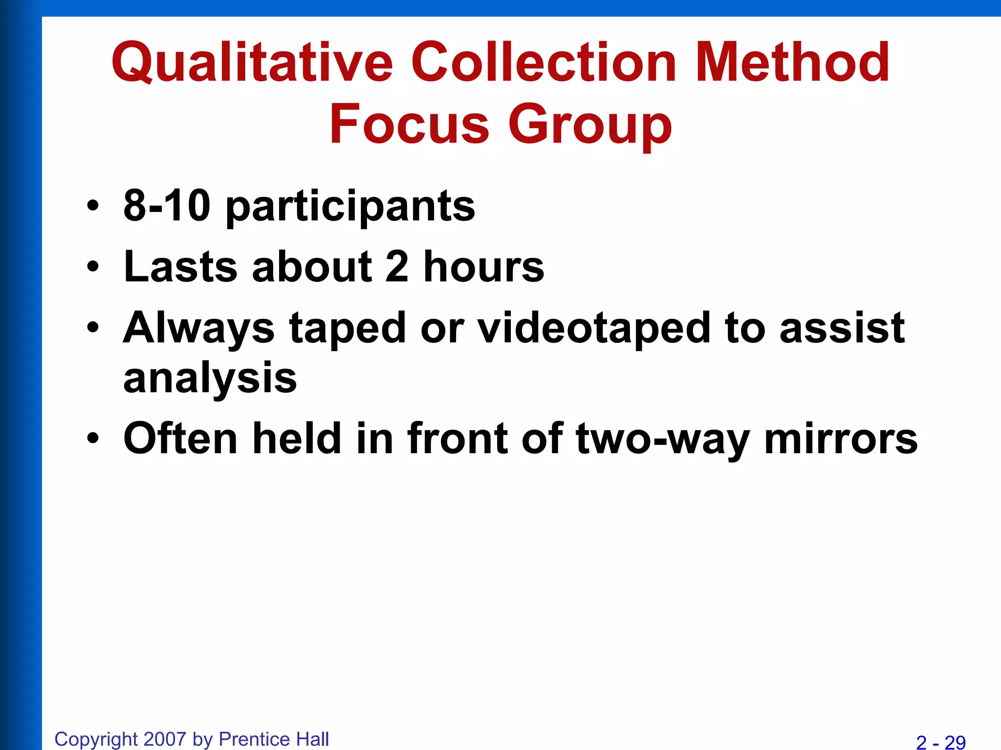 Qualitative Collection Method Focus Group 8-10 participants Lasts about 2 hours Always taped or videotaped to assist analysis Often held in front of two-way mirrors 