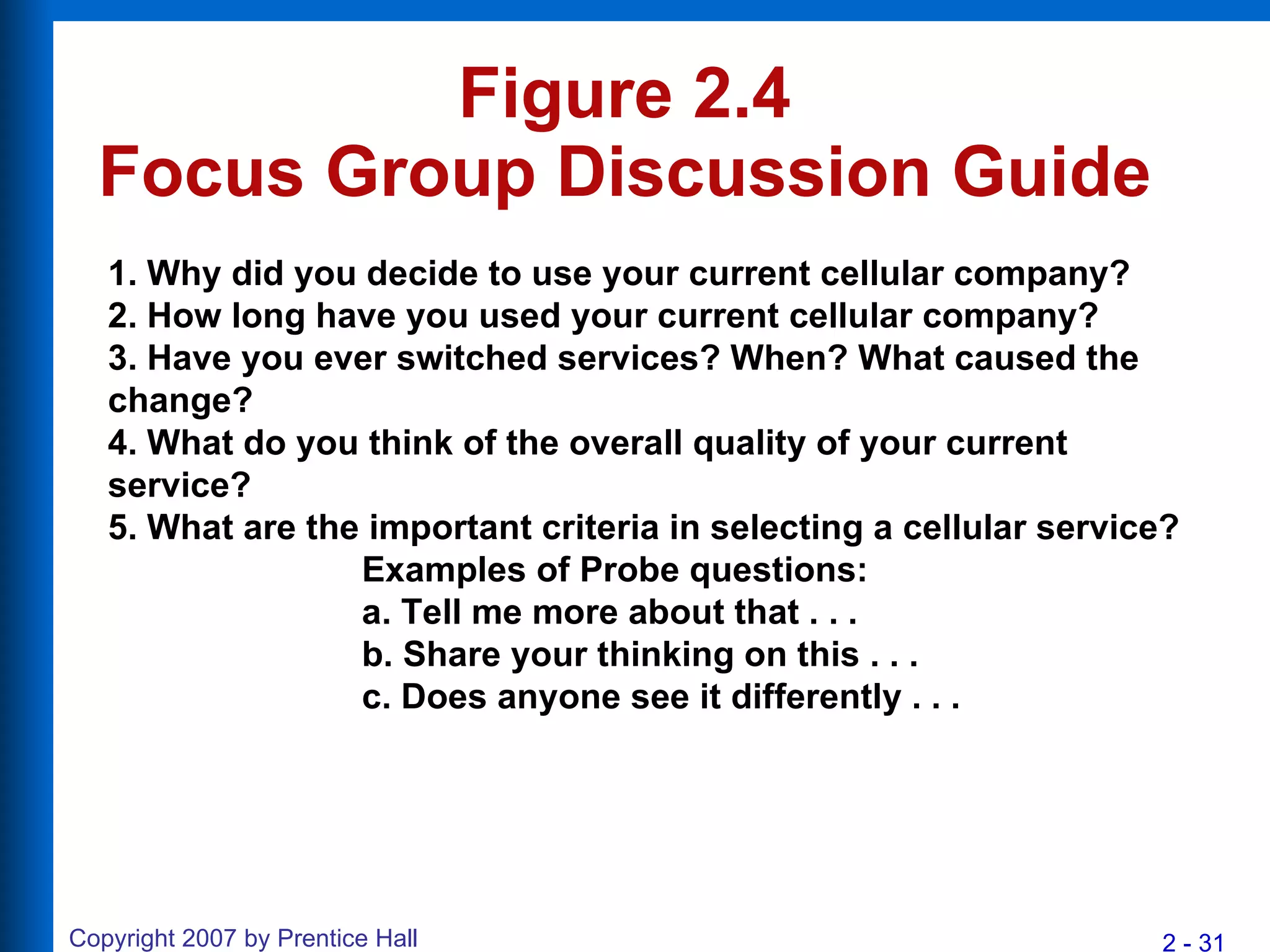 Figure 2.4 Focus Group Discussion Guide 1. Why did you decide to use your current cellular company?  2. How long have you used your current cellular company?  3. Have you ever switched services? When? What caused the change?  4. What do you think of the overall quality of your current service?  5. What are the important criteria in selecting a cellular service?  Examples of Probe questions: a. Tell me more about that . . . b. Share your thinking on this . . . c. Does anyone see it differently . . . 