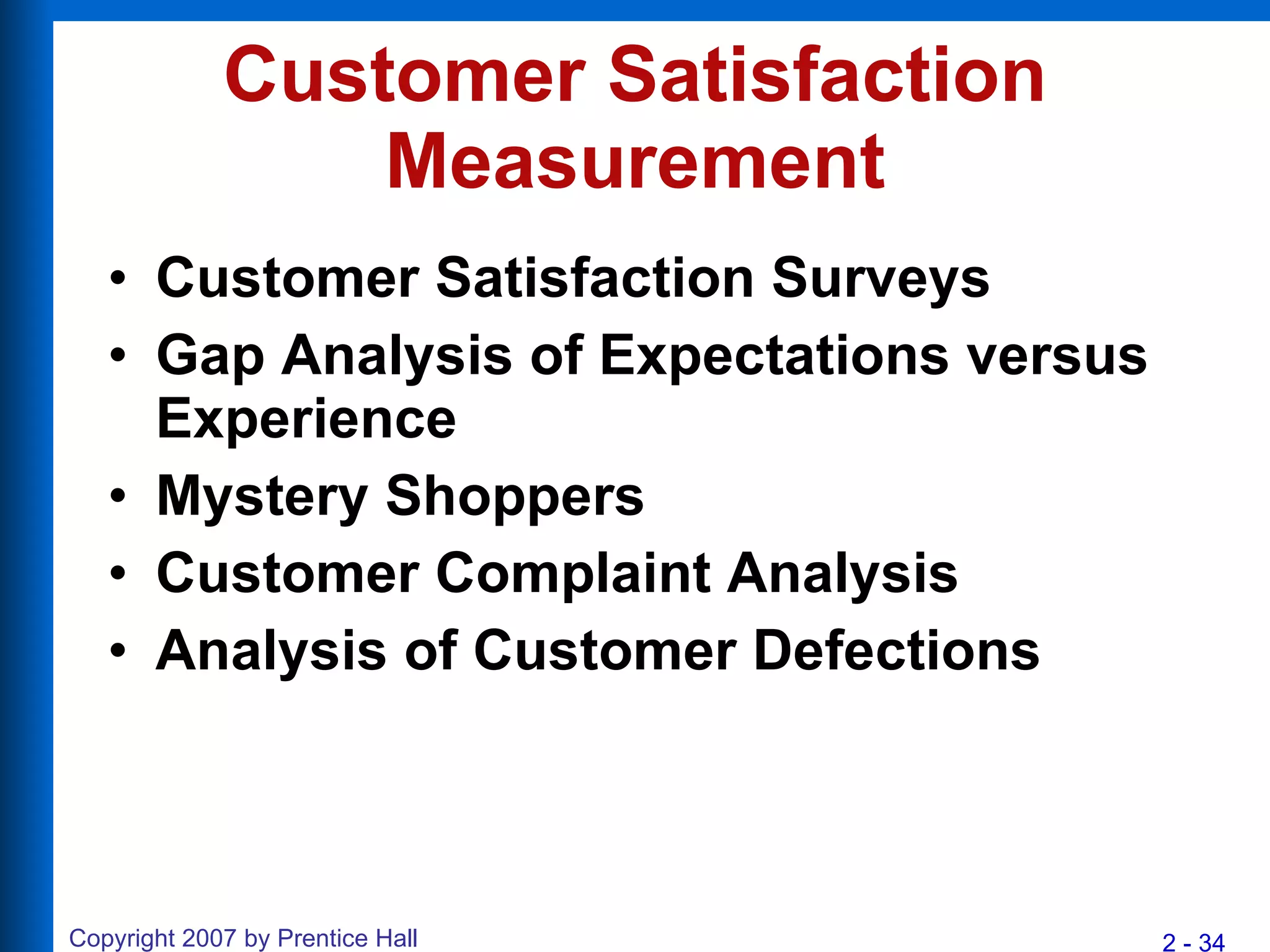 Customer Satisfaction Measurement Customer Satisfaction Surveys Gap Analysis of Expectations versus Experience Mystery Shoppers Customer Complaint Analysis Analysis of Customer Defections 