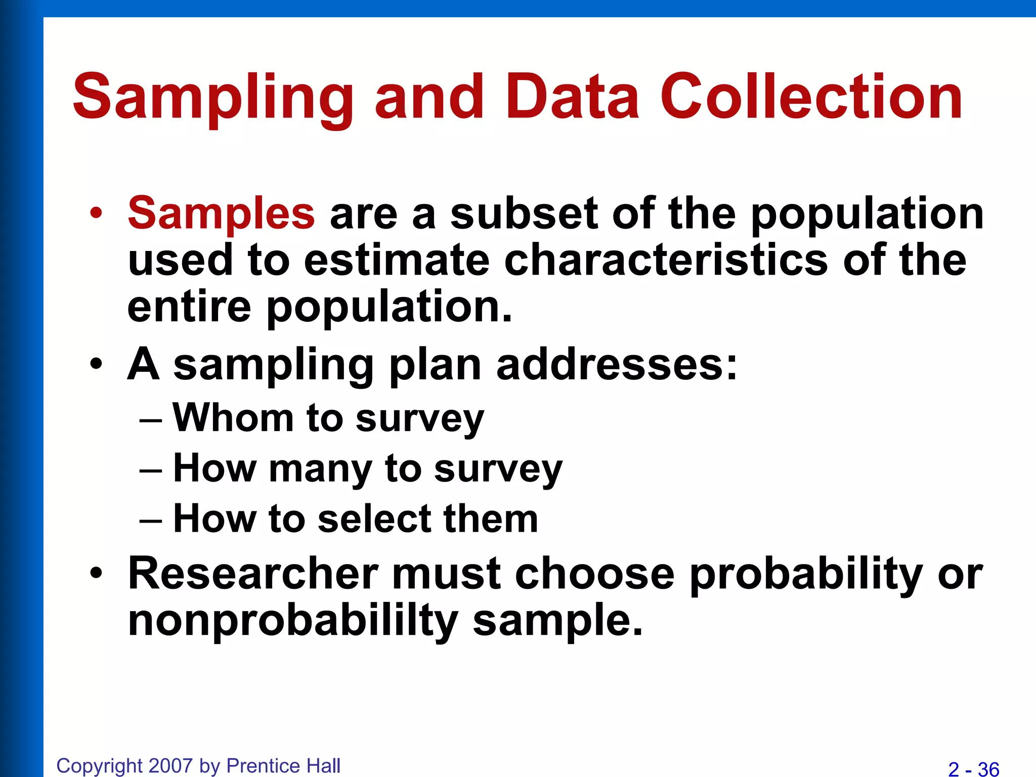 Sampling and Data Collection Samples  are a subset of the population used to estimate characteristics of the entire population. A sampling plan addresses: Whom to survey How many to survey How to select them Researcher must choose probability or nonprobabililty sample. 