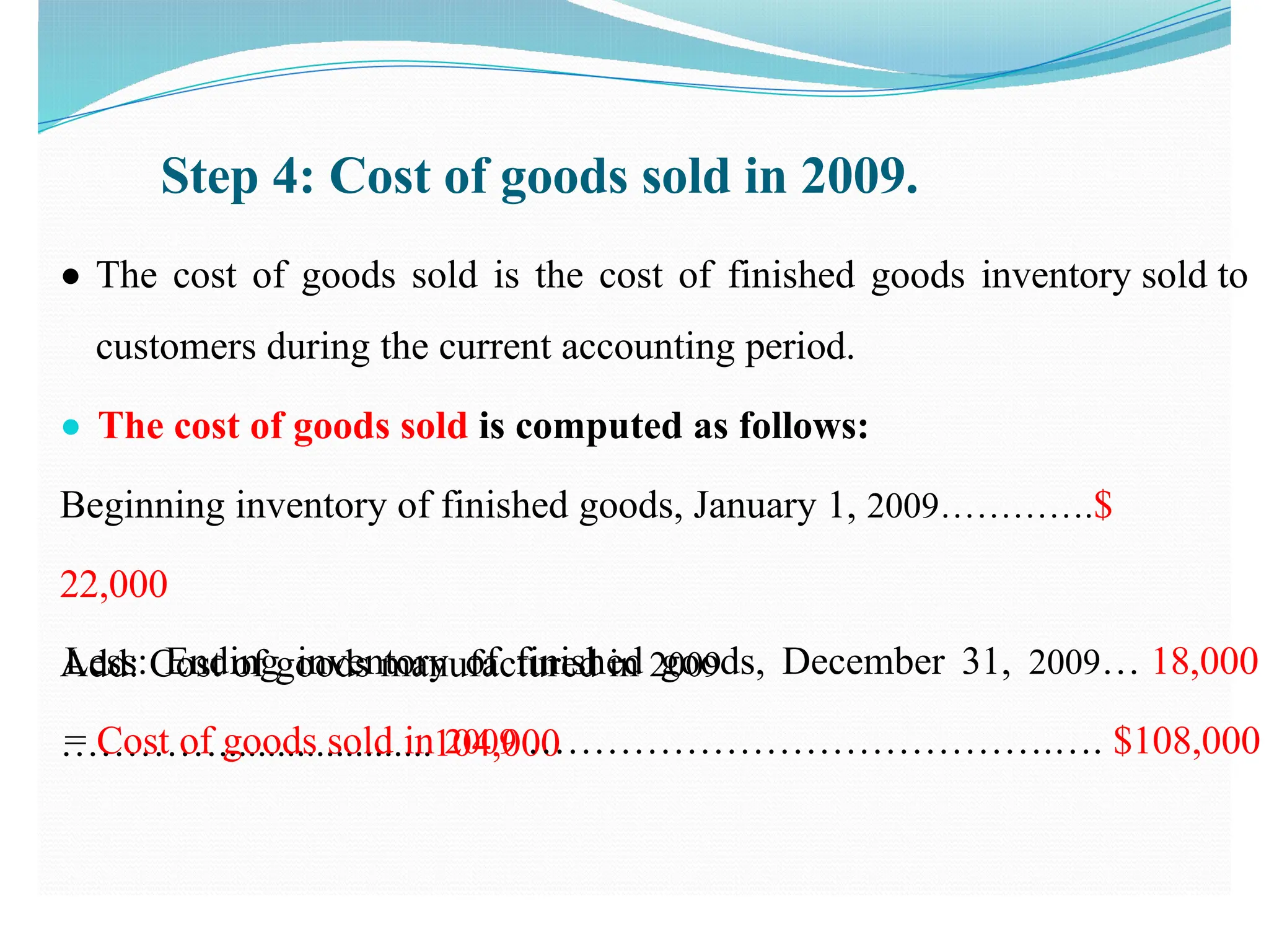 Step 4: Cost of goods sold in 2009.
● The cost of goods sold is the cost of finished goods inventory sold to
customers during the current accounting period.
● The cost of goods sold is computed as follows:
Beginning inventory of finished goods, January 1, 2009………….$
22,000
Add: Cost of goods manufactured in 2009
…………......................104,000
Less: Ending inventory of finished goods, December 31, 2009… 18,000
= Cost of goods sold in 2009 ………………………………….…. $108,000
 