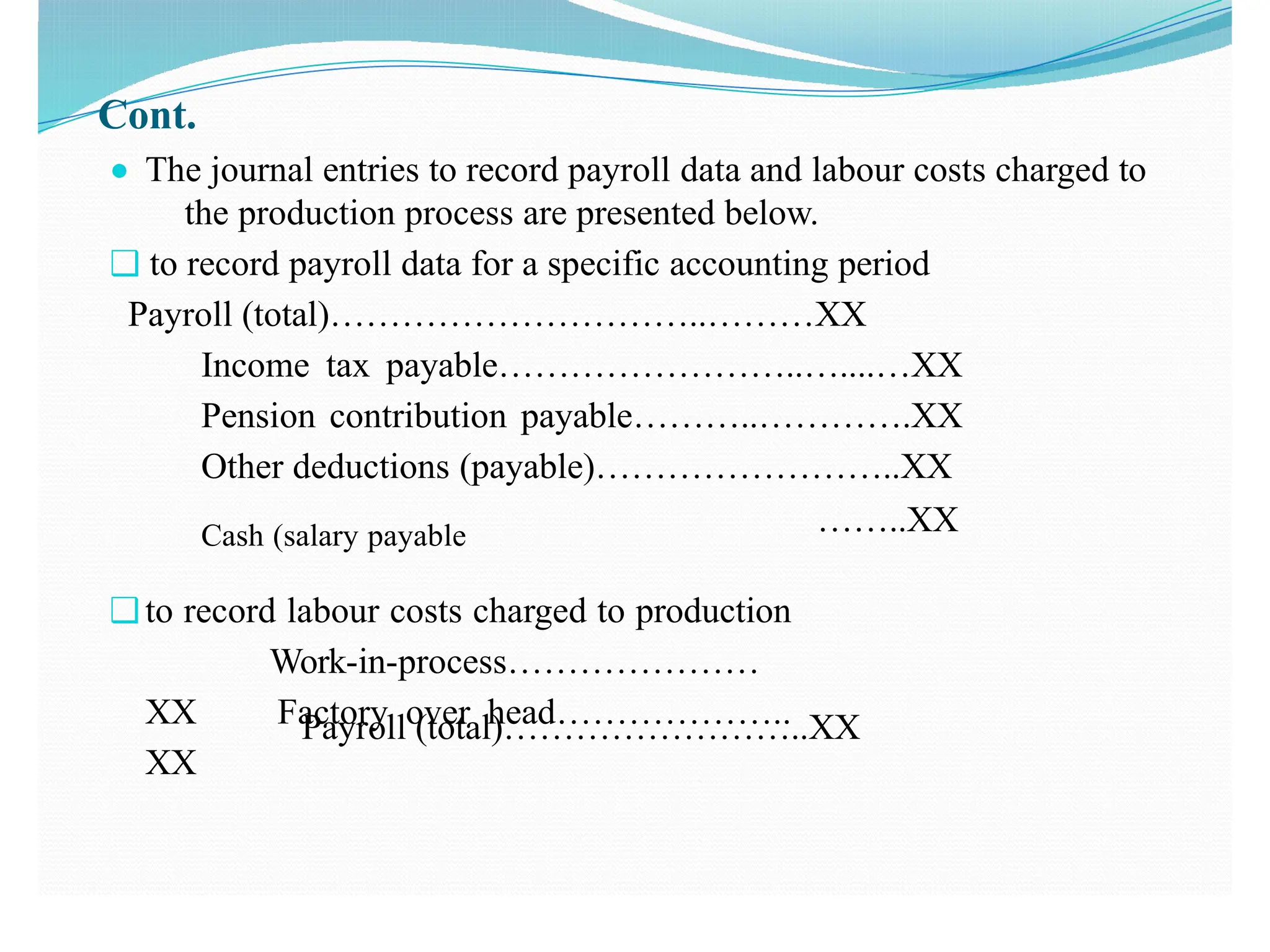 Cont.
● The journal entries to record payroll data and labour costs charged to
the production process are presented below.
❑ to record payroll data for a specific accounting period
Payroll (total)…………………………..………XX
Income tax payable……………………..…....…XX
Pension contribution payable………..………….XX
Other deductions (payable)……………………..XX
……..XX
Payroll (total)……………………..XX
Cash (salary payable
❑ to record labour costs charged to production
Work-in-process…………………
XX Factory over head………………..
XX
 