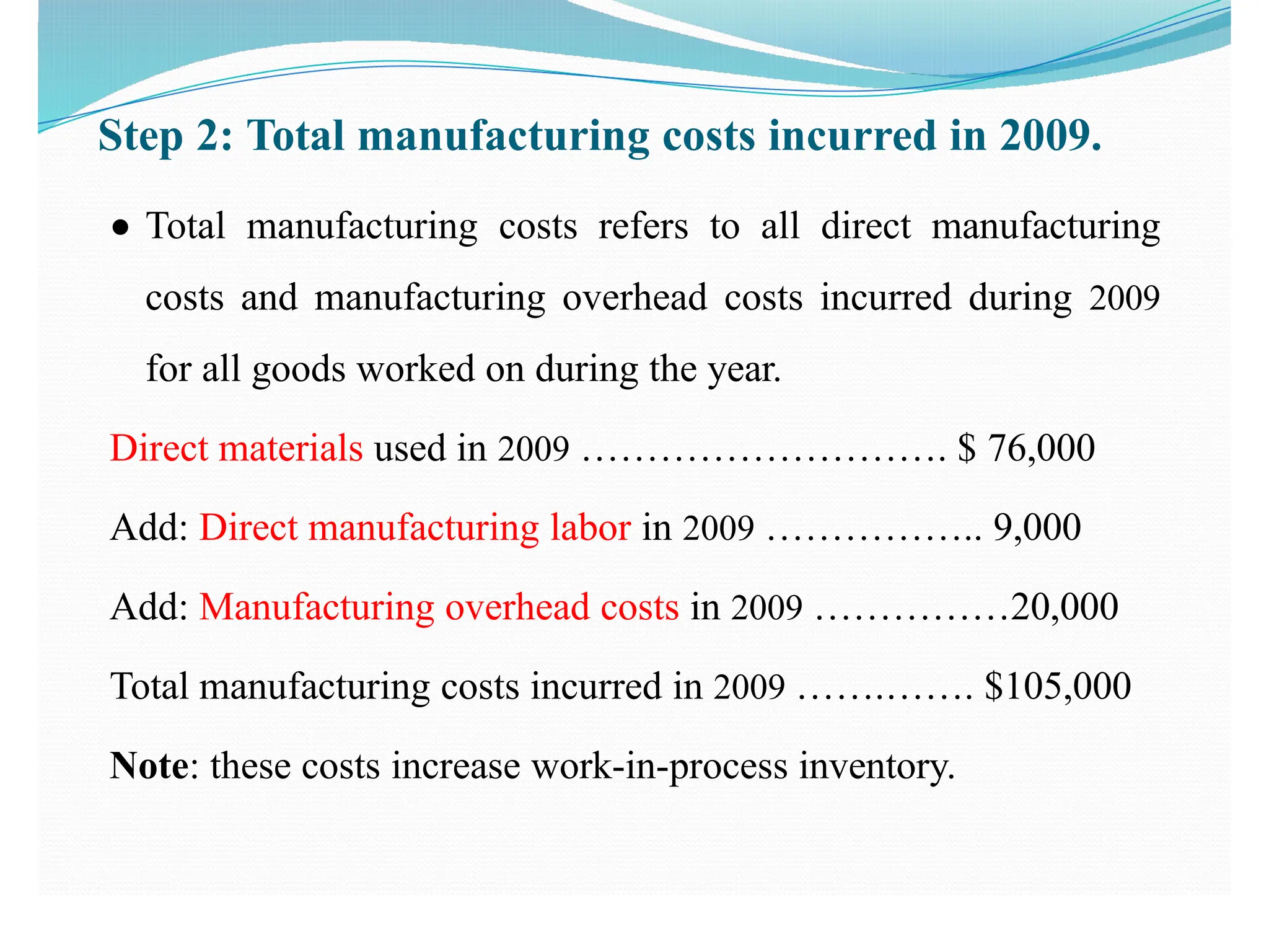 Step 2: Total manufacturing costs incurred in 2009.
● Total manufacturing costs refers to all direct manufacturing
costs and manufacturing overhead costs incurred during 2009
for all goods worked on during the year.
Direct materials used in 2009 ………………………. $ 76,000
Add: Direct manufacturing labor in 2009 …………….. 9,000
Add: Manufacturing overhead costs in 2009 ……………20,000
Total manufacturing costs incurred in 2009 …….……. $105,000
Note: these costs increase work-in-process inventory.
 