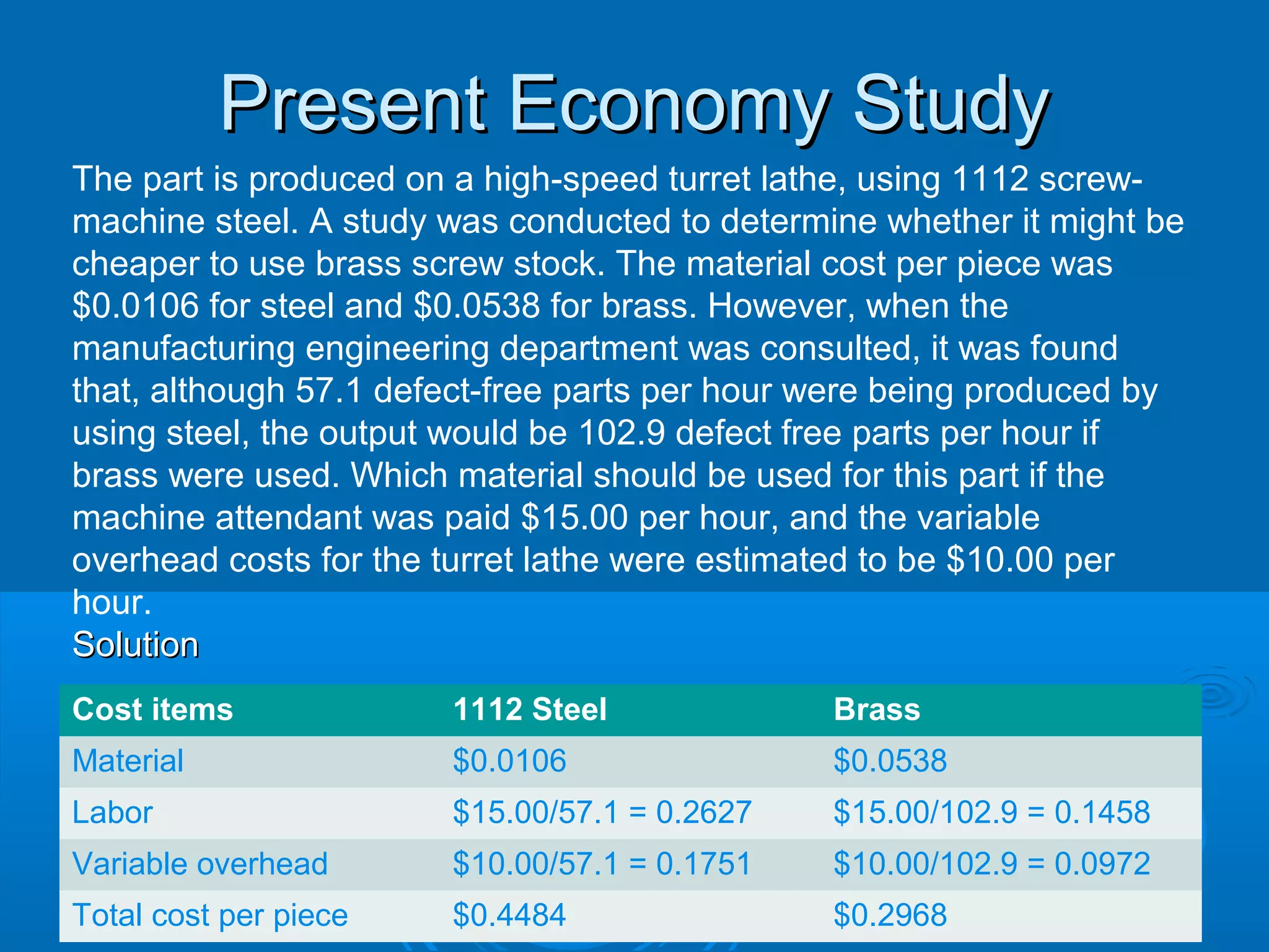 Present Economy StudyPresent Economy Study
The part is produced on a high-speed turret lathe, using 1112 screw-
machine steel. A study was conducted to determine whether it might be
cheaper to use brass screw stock. The material cost per piece was
$0.0106 for steel and $0.0538 for brass. However, when the
manufacturing engineering department was consulted, it was found
that, although 57.1 defect-free parts per hour were being produced by
using steel, the output would be 102.9 defect free parts per hour if
brass were used. Which material should be used for this part if the
machine attendant was paid $15.00 per hour, and the variable
overhead costs for the turret lathe were estimated to be $10.00 per
hour.
SolutionSolution
Cost items 1112 Steel Brass
Material $0.0106 $0.0538
Labor $15.00/57.1 = 0.2627 $15.00/102.9 = 0.1458
Variable overhead $10.00/57.1 = 0.1751 $10.00/102.9 = 0.0972
Total cost per piece $0.4484 $0.2968
 