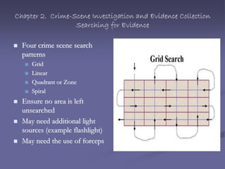 Chapter 2. Crime-Scene Investigation and Evidence Collection
Searching for Evidence
 Four crime scene search
patterns
 Grid
 Linear
 Quadrant or Zone
 Spiral
 Ensure no area is left
unsearched
 May need additional light
sources (example flashlight)
 May need the use of forceps
 