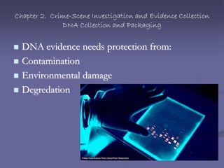 Chapter 2. Crime-Scene Investigation and Evidence Collection
DNA Collection and Packaging
 DNA evidence needs protection from:
 Contamination
 Environmental damage
 Degredation
 