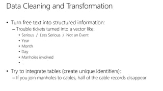 Data Cleaning and Transformation
• Turn free text into structured information:
– Trouble tickets turned into a vector like:
• Serious / Less Serious / Not an Event
• Year
• Month
• Day
• Manholes involved
• …
• Try to integrate tables (create unique identifiers):
– If you join manholes to cables, half of the cable records disappear
 