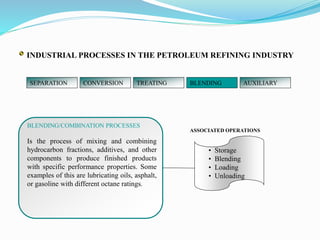 SEPARATION CONVERSION TREATING BLENDING AUXILIARY
ASSOCIATED OPERATIONS
BLENDING/COMBINATION PROCESSES
Is the process of mixing and combining
hydrocarbon fractions, additives, and other
components to produce finished products
with specific performance properties. Some
examples of this are lubricating oils, asphalt,
or gasoline with different octane ratings.
• Storage
• Blending
• Loading
• Unloading
INDUSTRIAL PROCESSES IN THE PETROLEUM REFINING INDUSTRY
 
