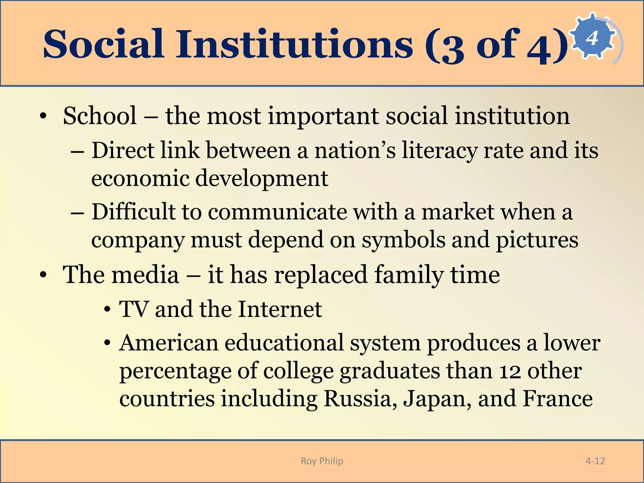 4
Social Institutions (3 of 4)
• School – the most important social institution
– Direct link between a nation’s literacy rate and its
economic development
– Difficult to communicate with a market when a
company must depend on symbols and pictures
• The media – it has replaced family time
• TV and the Internet
• American educational system produces a lower
percentage of college graduates than 12 other
countries including Russia, Japan, and France
Roy Philip 4-12
 