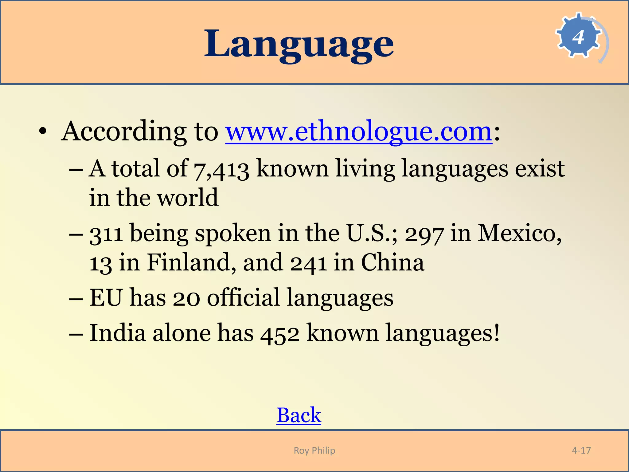 4
Language
• According to www.ethnologue.com:
– A total of 7,413 known living languages exist
in the world
– 311 being spoken in the U.S.; 297 in Mexico,
13 in Finland, and 241 in China
– EU has 20 official languages
– India alone has 452 known languages!
Back
Roy Philip 4-17
 