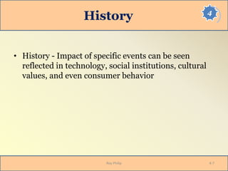 4
History
• History - Impact of specific events can be seen
reflected in technology, social institutions, cultural
values, and even consumer behavior
Roy Philip 4-7
 