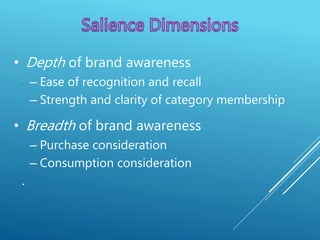 .
.
• Depth of brand awareness
– Ease of recognition and recall
– Strength and clarity of category membership
• Breadth of brand awareness
– Purchase consideration
– Consumption consideration
 