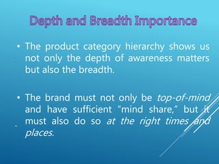 .
.
• The product category hierarchy shows us
not only the depth of awareness matters
but also the breadth.
• The brand must not only be top-of-mind
and have sufficient “mind share,” but it
must also do so at the right times and
places.
 