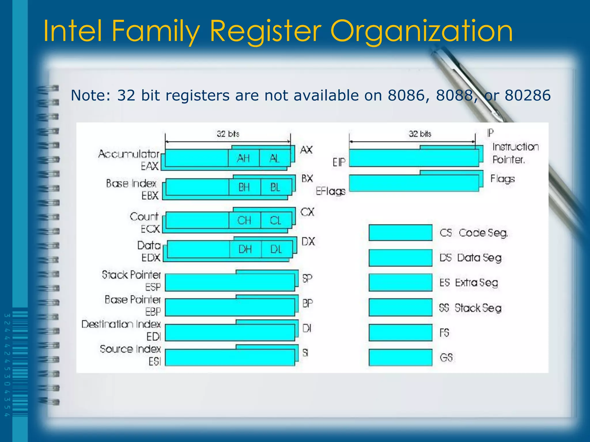 Intel Family Register Organization

 Note: 32 bit registers are not available on 8086, 8088, or 80286
 