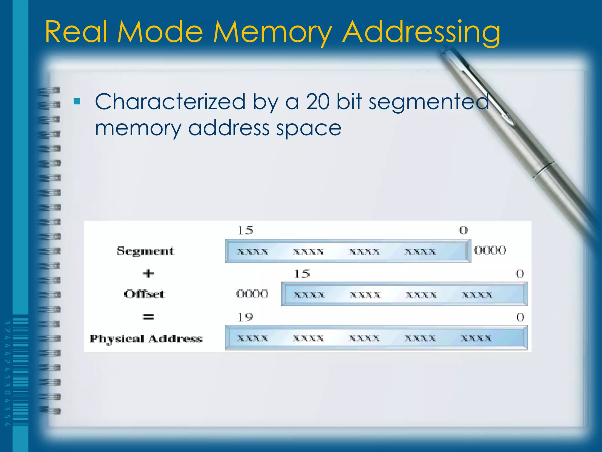 Real Mode Memory Addressing

  Characterized by a 20 bit segmented
   memory address space
 