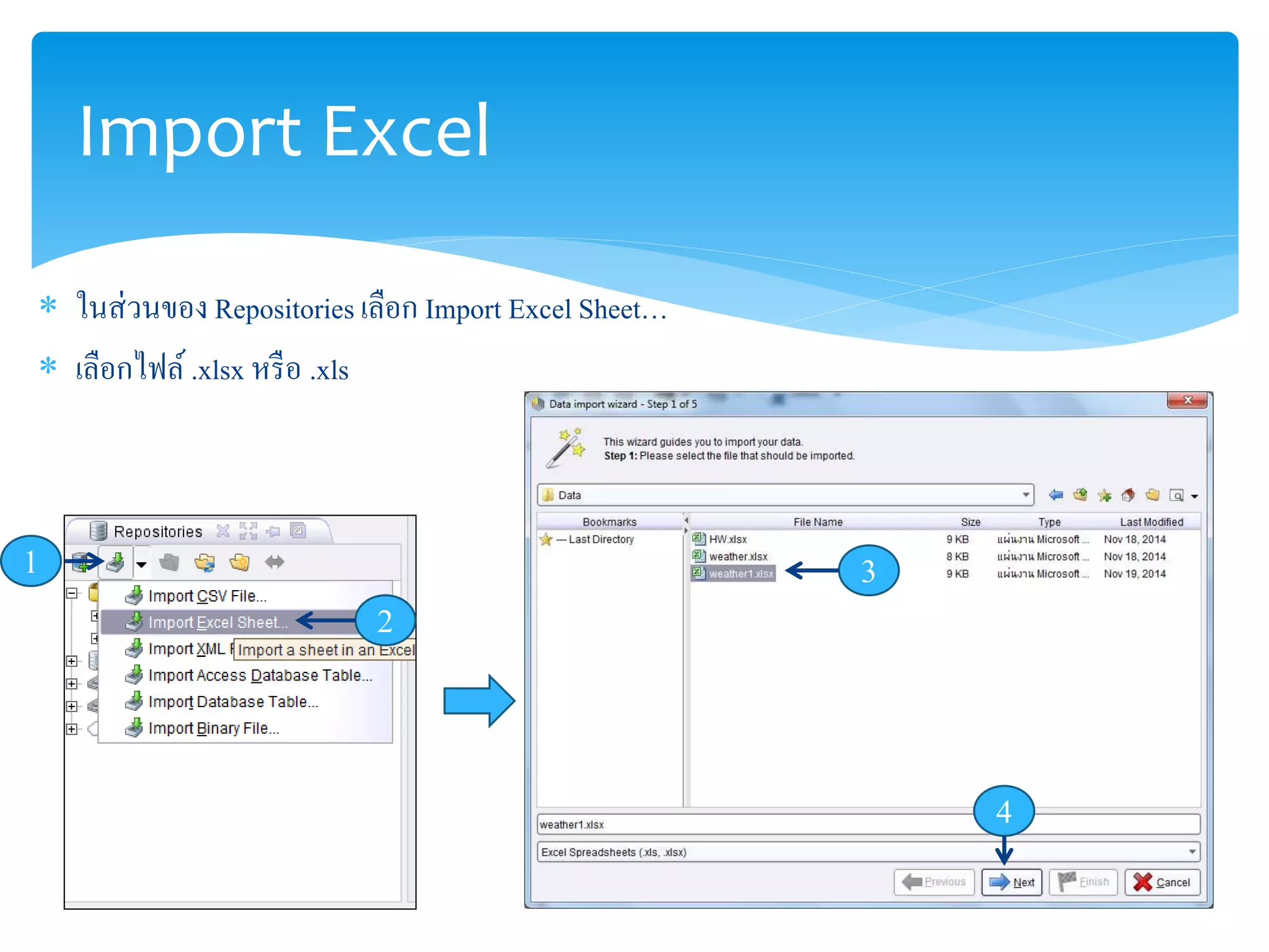 Import Excel 
 ในส่วนของ Repositories เลือก Import Excel Sheet… 
 เลือกไฟล์ .xlsx หรือ .xls 
1 
2 
3 
4 
 