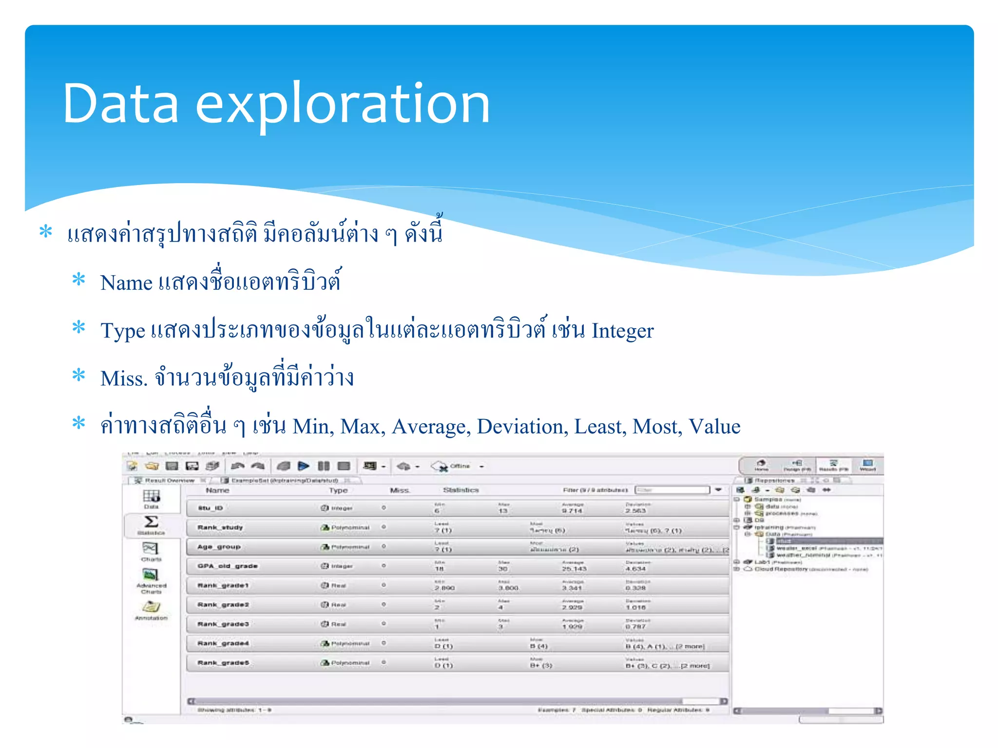 Data exploration 
 แสดงค่าสรุปทางสถิติ มีคอลัมน์ต่าง ๆ ดังนี้ 
 Name แสดงชื่อแอตทริบิวต์ 
 Type แสดงประเภทของข้อมูลในแต่ละแอตทริบิวต์เช่น Integer 
 Miss. จา นวนข้อมูลที่มีค่าว่าง 
 ค่าทางสถิติอื่น ๆ เช่น Min, Max, Average, Deviation, Least, Most, Value 
 