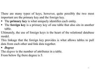 11
There are many types of keys, however, quite possibly the two most
important are the primary key and the foreign key.
 The primary key is what uniquely identifies each entity.
 The foreign key is a primary key of one table that also sits in another
table.
Ultimately, the use of foreign keys is the heart of the relational database
model.
This linkage that the foreign key provides is what allows tables to pull
data from each other and link data together.
 Degree
The degree is the number of attributes in a table.
From below fig there degree is 5.
 