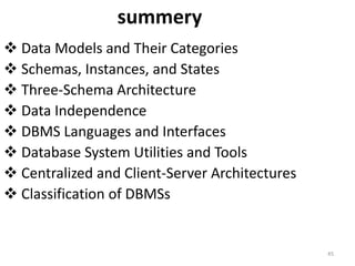 summery
 Data Models and Their Categories
 Schemas, Instances, and States
 Three-Schema Architecture
 Data Independence
 DBMS Languages and Interfaces
 Database System Utilities and Tools
 Centralized and Client-Server Architectures
 Classification of DBMSs
45
 