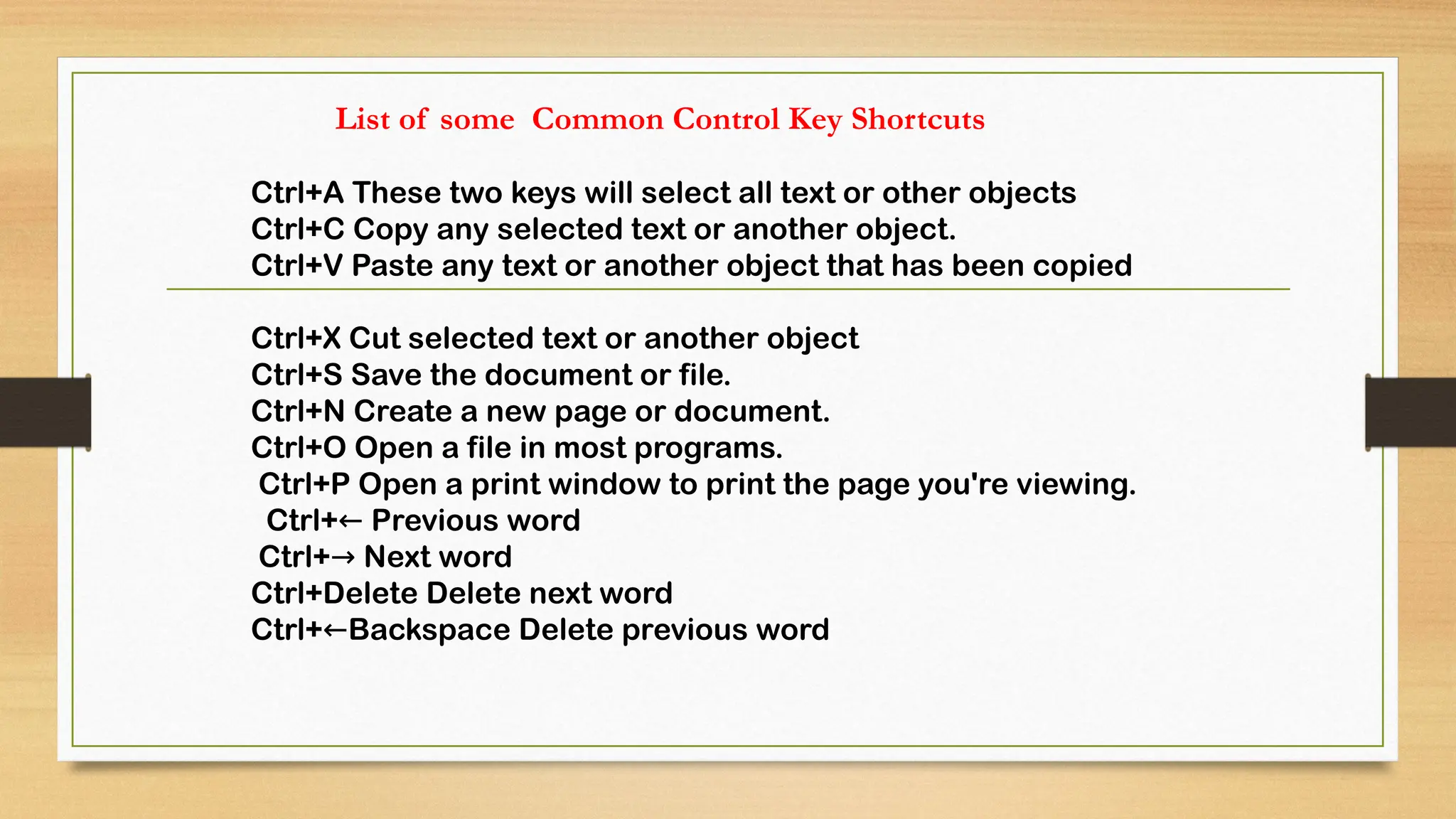 List of some Common Control Key Shortcuts
Ctrl+A These two keys will select all text or other objects
Ctrl+C Copy any selected text or another object.
Ctrl+V Paste any text or another object that has been copied
Ctrl+X Cut selected text or another object
Ctrl+S Save the document or file.
Ctrl+N Create a new page or document.
Ctrl+O Open a file in most programs.
Ctrl+P Open a print window to print the page you're viewing.
Ctrl+ Previous word
←
Ctrl+ Next word
→
Ctrl+Delete Delete next word
Ctrl+ Backspace Delete previous word
←
 